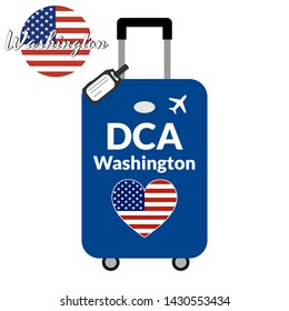 Luggage with airport station code IATA or location identifier and destination city name Washington, DCA. Travel to the United States of America concept. Heart shaped flag of the USA on baggage