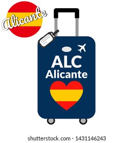 Luggage with airport station code IATA or location identifier and destination city name Alicante, ALC. Travel to Spain, Europe concept. Heart shaped flag of the Spain on baggage