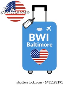 Luggage with airport station code IATA or location identifier and destination city name Baltimore, BWI. Travel to the United States of America concept. Heart shaped flag of the USA on baggage