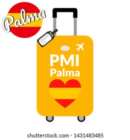 Luggage with airport station code IATA or location identifier and destination city name Palma, PMI. Travel to Spain, Europe concept. Heart shaped flag of the Spain on baggage