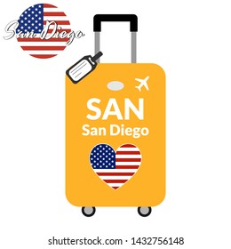 Luggage with airport station code IATA or location identifier and destination city name San Diego, SAN. Travel to the United States of America concept. Heart shaped flag of the USA on baggage. 