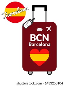Luggage with airport station code IATA or location identifier and destination city name Barcelona, BCN. Travel to Spain, Europe concept. Heart shaped flag of the Spain on baggage svg