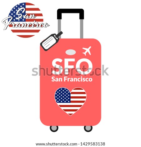 Luggage with airport station code IATA or location identifier and destination city name San Francisco, SFO. Travel to the United States of America concept. Heart shaped flag of the USA on baggage