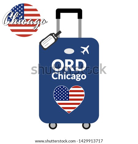 Luggage with airport station code IATA or location identifier and destination city name Chicago, ORD. Travel to the United States of America concept. Heart shaped flag of the USA on the baggage