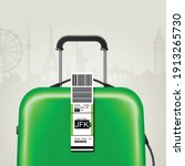 Luggage with airport sticker label - suitcase with tag and JFK New York airport sign