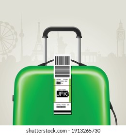 Luggage With Airport Sticker Label - Suitcase With Tag And JFK New York Airport Sign