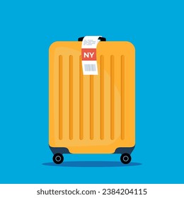 Luggage with airport sticker label. Suitcase with tag. Vector illustration