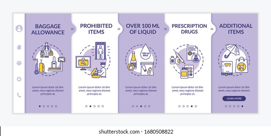 Luggage allowance onboarding vector template. Airline company rules responsive mobile website with icons. Baggage handling, security check webpage walkthrough step screens. RGB color concept