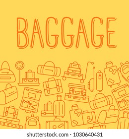 Luggage background. Various types of baggage for travel and tourism in a linear style. Symbol for websites and print media. Line style design image. Editable stroke. Vector illustration.