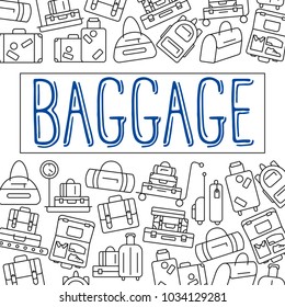 Luggage background. Various types of baggage for travel and tourism in a linear style. Symbol for websites and print media. Line style design image. Editable stroke. Vector illustration.