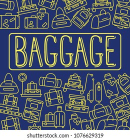 Luggage background. Various types of baggage for travel and tourism in a linear style. Symbol for websites and print media. Line style design image. Editable stroke. Vector illustration.