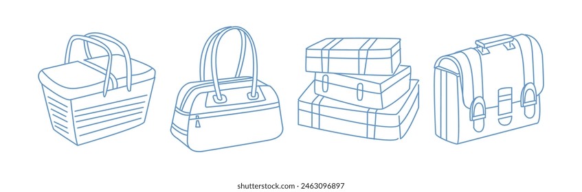 Luggage Bag and Baggage as Pack Tourism Object Line Vector Set