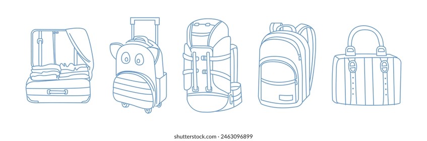 Luggage Bag and Baggage as Pack Tourism Object Line Vector Set