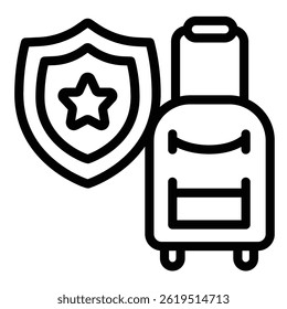 Luggage bag with star emblem line icon, tropical voyage concept. Vector graphics. Bag with handle and service shield sign on white background, style mobile or design
