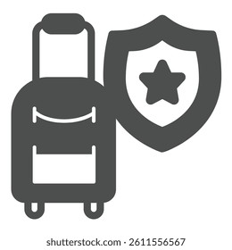 Luggage bag with star emblem solid icon, tropical voyage concept. Vector graphics. Bag with handle and service shield sign on white background, glyph style icon for mobile or web design