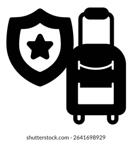 Luggage bag with star emblem solid icon, tropical voyage concept. Vector graphics. Bag with handle and service shield sign on white background, style mobile or design