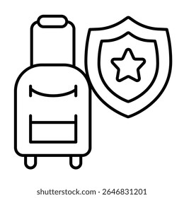 Bolso del equipaje con el icono delgado de la línea del emblema de la estrella, concepto tropical del viaje. Gráficos de Vector. Bolso con la manija y la muestra del escudo del servicio en el fondo blanco, estilo o diseño móvil