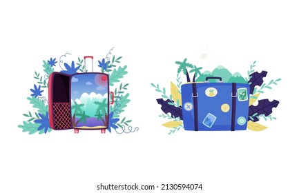 Luggage Bag and Suitcase Among Foliage as Travel and Tourism Symbol Vector Set
