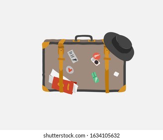 Luggage bag, vintage retro suitcases. Hand drawn trendy colorful isolated design elements. Cartoon vector illustration