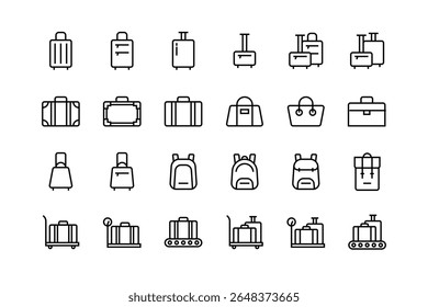 Bagagem, bagagem, conjunto de ícone mochilas, ícones ajustáveis peso linha, mala, mochila, maleta, bolsa, viagem, símbolo, traço, contorno, vetor, design, gráfico, aeroporto, estação de trem