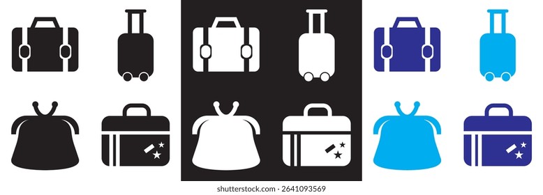 Luggage, baggage, backpacks, suitcase vector icon . Vector for websites, mobile interfaces, presentations, banner, visual branding etc. Vector illustration. isolated on white and black background. 