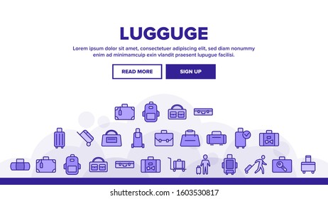 Luggage And Baggage Landing Web Page Header Banner Template Vector. Backpack And Handbag, Suitcase, And Briefcase, Messenger Bag, Trolley And Travel Luggage Illustration