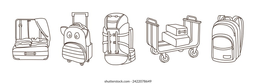 Luggage and Baggage with Line Drawn Bag Packed for Journey Vector Set