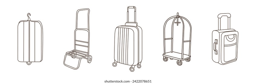 Luggage and Baggage with Line Drawn Bag Packed for Journey Vector Set