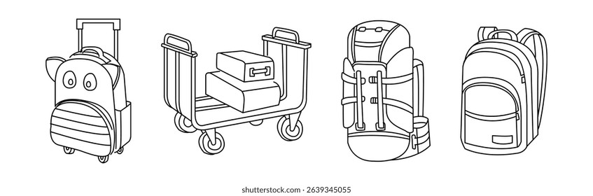 Luggage and Baggage Line Icon and Object Vector Set