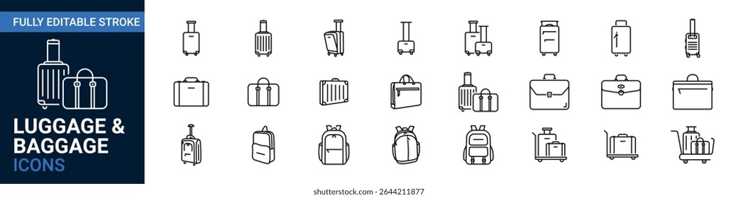 Conjunto de ícones da linha de bagagem e bagagem. Mala, maleta, sinal de viagem.