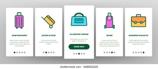 Luggage And Baggage Onboarding Mobile App Page Screen Vector. Backpack And Handbag, Suitcase, And Briefcase, Messenger Bag, Trolley And Travel Luggage Illustrations