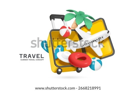 Luggage or baggage is opened, there are flip flops, hat, beach ball, lifebuoy, airplane and with coconut tree in back, for a summer vacation travel design, vector 3d isolated for travel concept