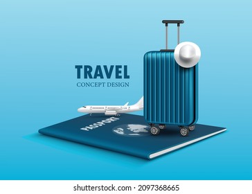 luggage baggage   planes placed passport for making advertising media about tourism   all object blue background  vector 3d blue background for travel   transport concept design