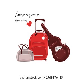 Luggage Bags with hand Luggage and a Case for the Musician Guitar. The concept of Bags, Suitcase for Travel and Touring. There is copy space. Vector isolated illustration.