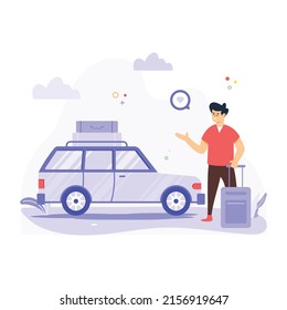 Luggage bags on top of travel car, flat illustration 

