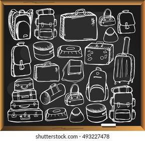 Luggage bags set on black background. Free hand drawn. Vector illustration.