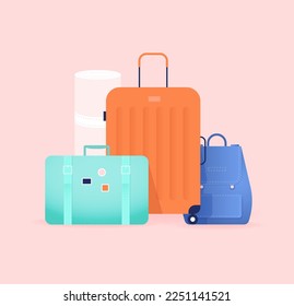 Luggage bags for traveling, tourism. Various baggage: suitcase, backpack, case. Packing for summer holidays, trip, journey. Carry on, hand baggage. Isolated vector illustration