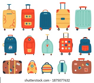 Luggage bags. Vacation baggage, plastic, metal or textile tourism suitcases with wheels. Travel baggage vector illustration set. Luggage and baggage, voyage travel bag, adventure briefcase