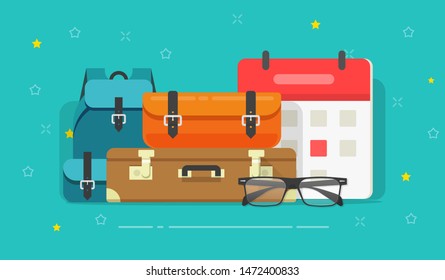Luggage bags vector illustration. flat cartoon baggage cases near calendar date and glasses. idea of ready for trip or holidays, journey backpacks, travel planning, tourism concept