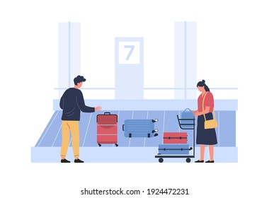 Luggage belt at airport, people pick up luggage. Vector airport and passenger baggage claim, bag carousel illustration with people looking for luggage.