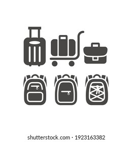 Luggage black vector icon set. Suitcase, handbag and backpack symbols.
