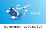Luggage blue, air ticket float away from passport with airplane is taking off and cloud. Can for making advertising media about tourism. Travel transport concept. 3D Vector EPS10.