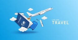Luggage Blue, Air Ticket Float Away From Passport With Airplane Is Taking Off And Cloud. Can For Making Advertising Media About Tourism. Travel Transport Concept. 3D Vector EPS10.