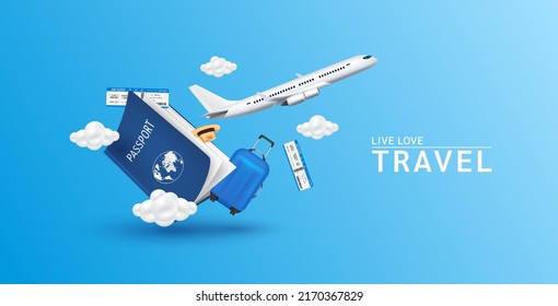 Luggage blue, air ticket float away from passport with airplane is taking off and cloud. Can for making advertising media about tourism. Travel transport concept. 3D Vector EPS10. - Shutterstock ID 2170367829