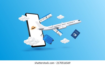 Luggage Blue, Air Ticket Float Away From Smartphone With Airplane Is Taking Off And Cloud. Can For Making Advertising Media About Tourism. Travel Transport Concept. 3D Vector EPS10.