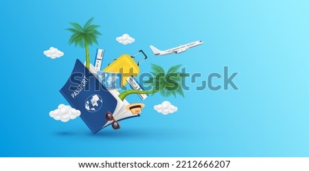Luggage blue, air ticket float away from passport with airplane is taking off and cloud. Can for making advertising media about tourism. Travel transport concept. 3D Vector EPS10.