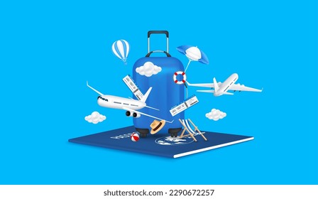 Luggage blue, air ticket on passport with airplane is taking off and deck chair umbrella. For making advertising media about tourism. Travel transport concept. 3D Vector EPS10.