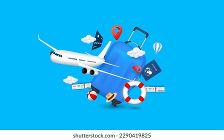 Luggage blue, air ticket, passport with airplane is taking off. For making advertising media about tourism. Travel transport concept. 3D Vector EPS10.