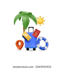 Luggage blue, air ticket, passport, lifebouy life ring and tropical palm. Travel concept. Tourism advertising. 3D Vector