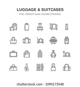 Luggage blue flat line icons. Carry-on, hardside suitcases, wheeled bags, pet carrier, travel backpack. Baggage dimensions and weight thin linear signs. Pixel perfect 64x64.